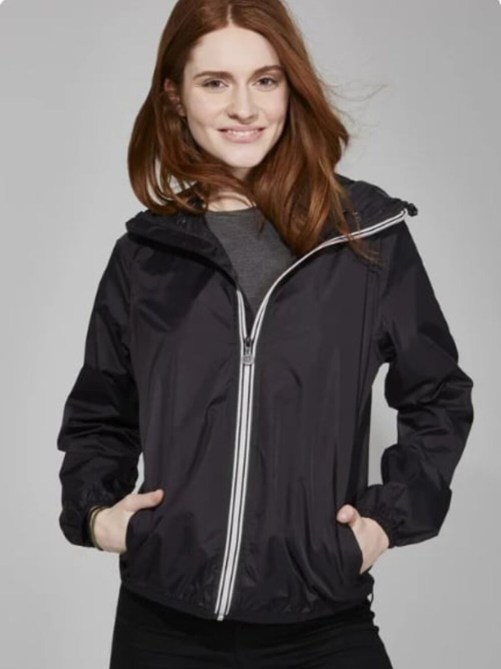 Eddie Bauer Packable Black Raincoat with White Trim